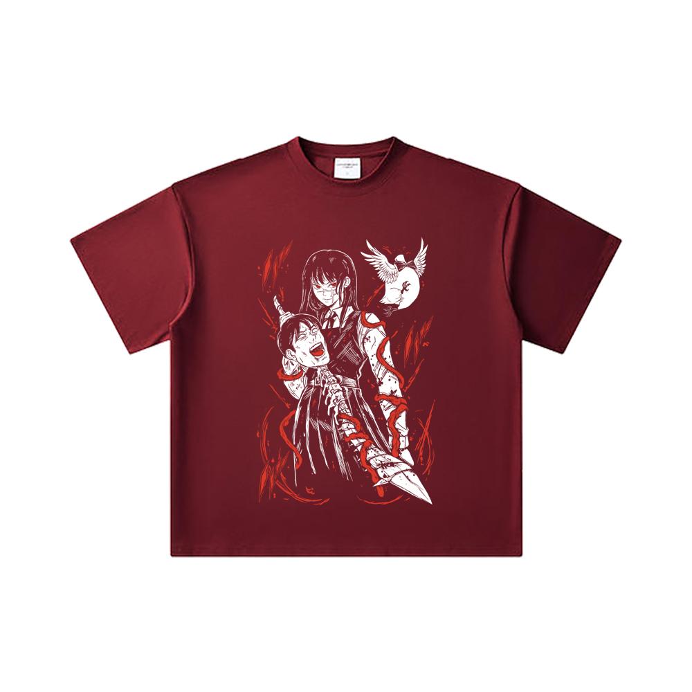 

260 GSM Double Yarn 32 Count 100% Cotton Chainsaw Man V34 Yoru Print Unisex Heavy Cotton T Shirt 2XL вина червоного кольору