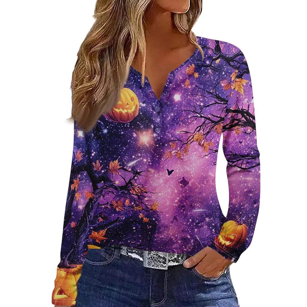 Women's Halloween Print V-Neck T-Shirt with Decorative Buttons Long Sleeve Casual Top