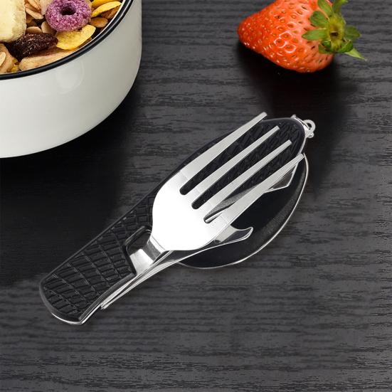 4-In-1 Folding Camping Utensils Stainless Steel Spoon Fork Knife Opener Combo Set Portable Multifunctional Lightweight Outdoor Tableware for Travel