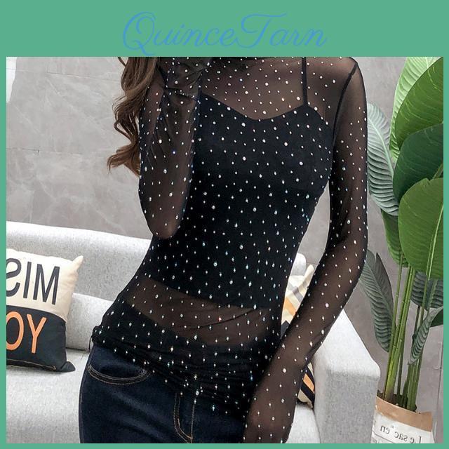 And French Style Slim Shiny Round Neck Long Sleeved Mesh Summer Korean Version Casual Top For Wearing Inside And Outside