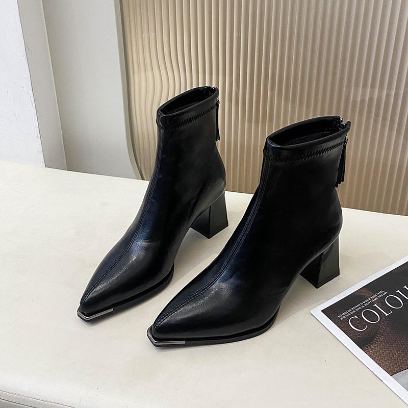 Winter Street Pointed Toe Women Ankle Thick Heels Female Retro Short Booties De Muje for Adult Women