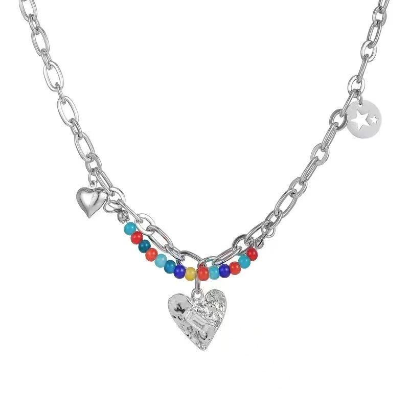 

17 км элегантное цветное ожерелье в виде сердца из бисера для женщин, винтажное серебряное колье-цепочка, кулон, аксессуары, ювелирные изделия