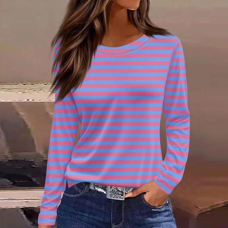 Vår og høst Langermet Gradient Stripe Trykte T-skjorter Kvinner Basic Casual Topper Kvinnelig Løs Rund Hals Tees Klær