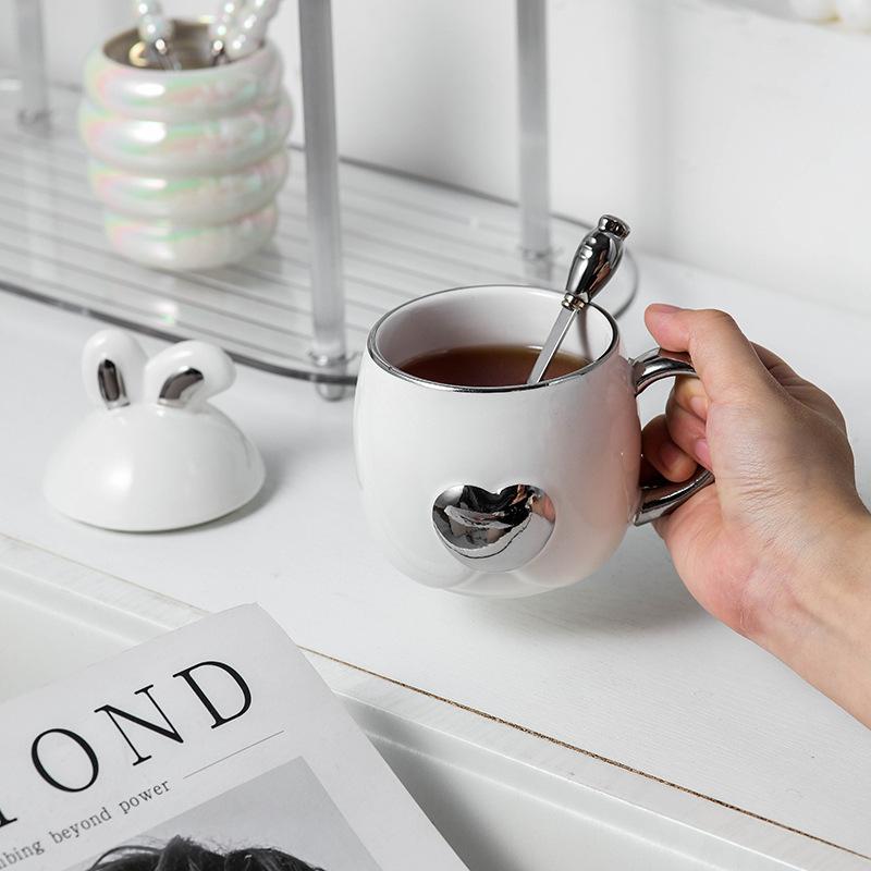 Mug Rabbit Souvenir Ceramic Cup Water Cup Electroplated Silver Premium Sense Spoon with Lid Gift Large Capacity