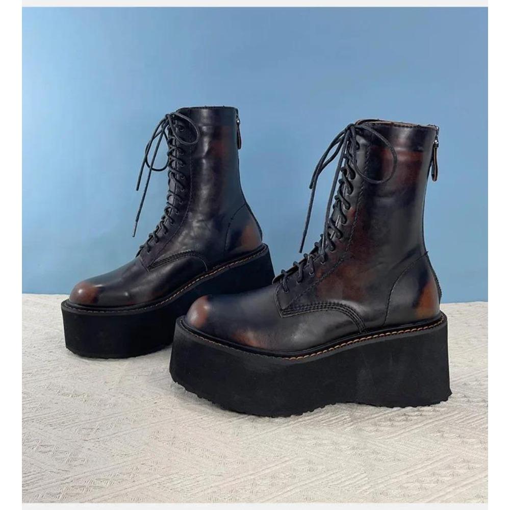 

Thick-soled 8cm Women s Heightening Short Polished Retro Lace-up Small Muffin Bottom Wasteland Wind Platform Heels Boots 43