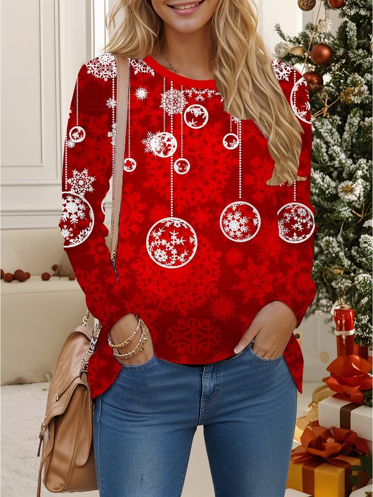 Bluzki damskie 3D nadruk świąteczny okrągły dekolt długi rękaw t-shirt jesień casual slim pulower damska bluzka z długim rękawem