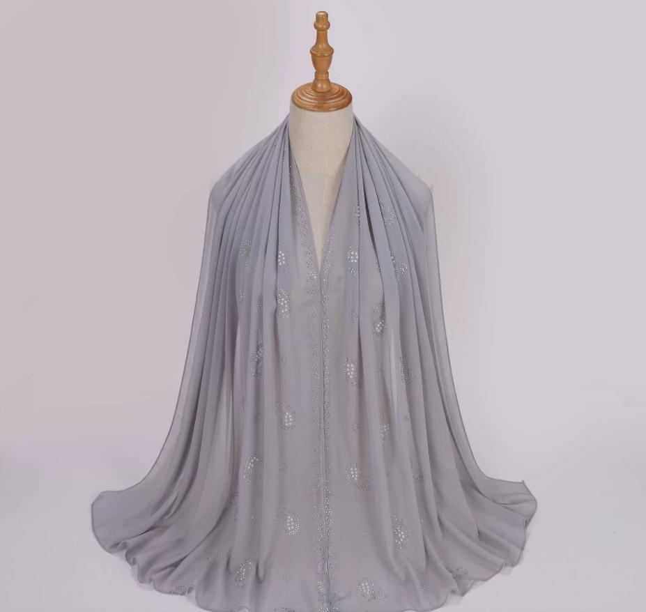 Fashion Muslim Chiffon Hijab With Rhinestones Diamonds Solid Headscarf Wraps Ramadan Islam Scarf For Women Turban Headband