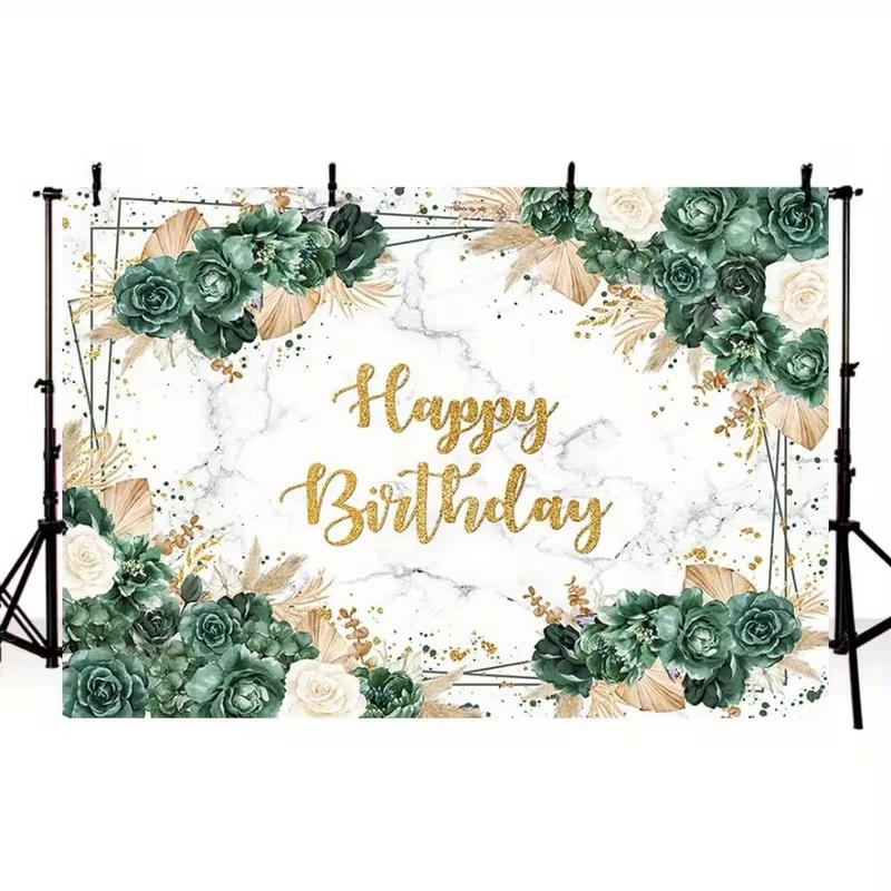 2D Marble Green Gold Birthday Photography Background, 2D Flat Printing Floral Backdrop