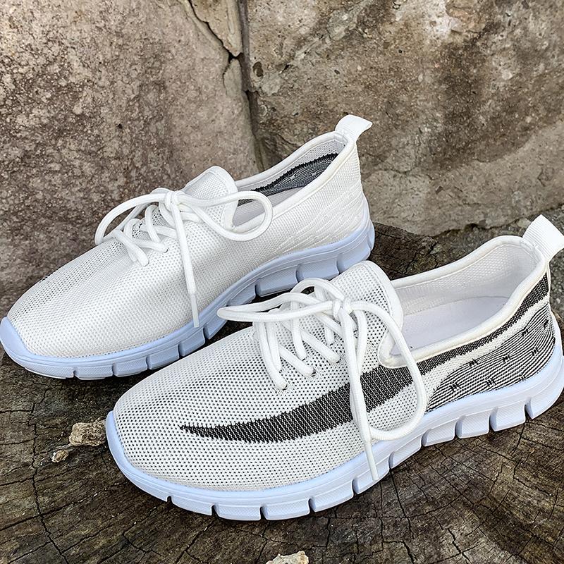 Fashion White Print Knitting Flat Shoes Women Spring Autumn Breathable Soft Bottom Sneakers Woman Comfort Non Slip Casual Shoes Size 43