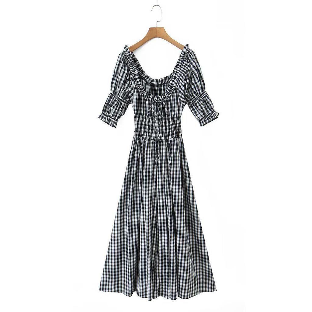 Autumn 2025 European Style Pastoral Plaid Puff Sleeve Dress for Women