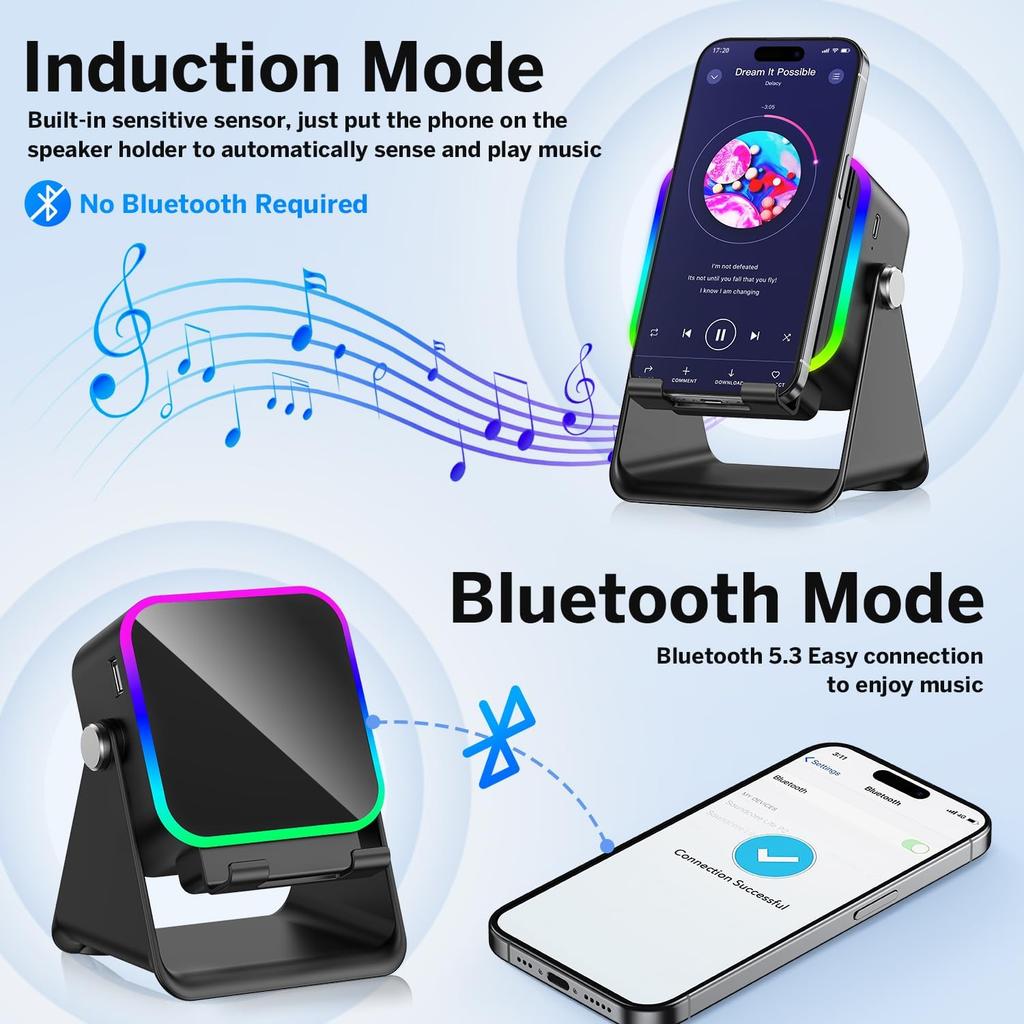 5-in-1 Wireless Induction Bluetooth Speaker with Phone Stand, Stereo Sound, 3500mAh Battery, RGB Light, 360° Holder – Gift for Men & Women