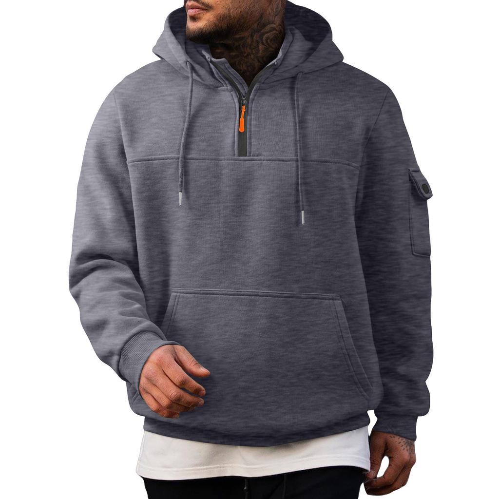 Men's Sweatshirt Hoodie Half Zipper Arm Pocket Cardigan Men's Sports Large Size Casual Hoodie
