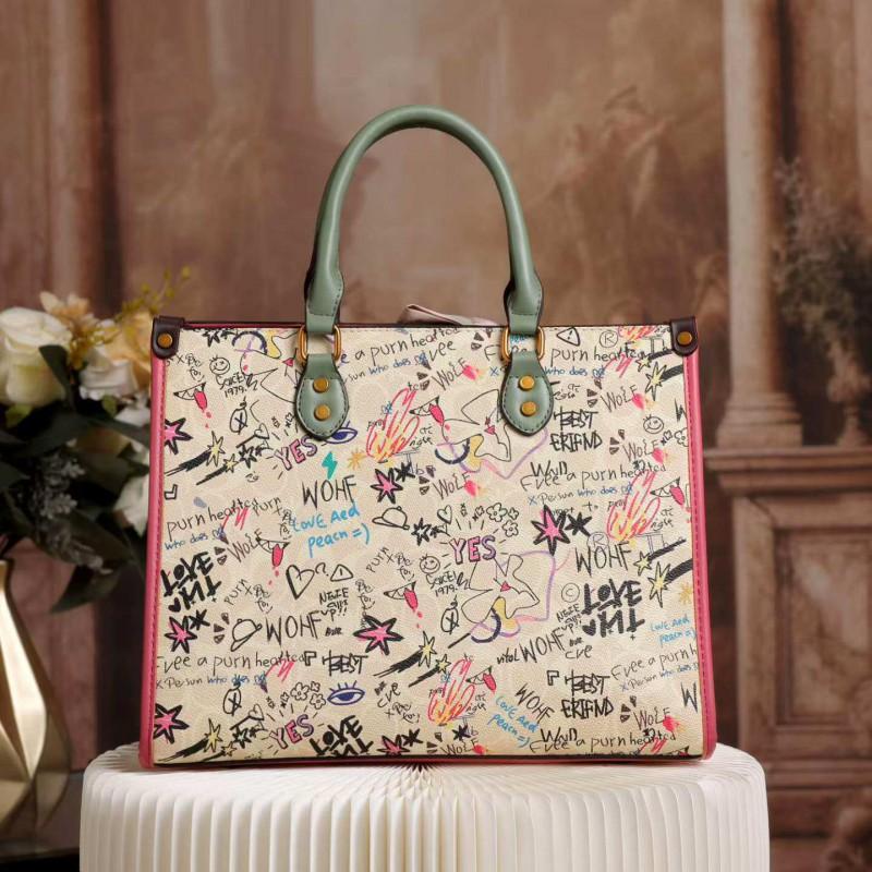Large Capacity Tote Bag Women With Graffiti Print Soft PU Shoulder Handbag Daily Use