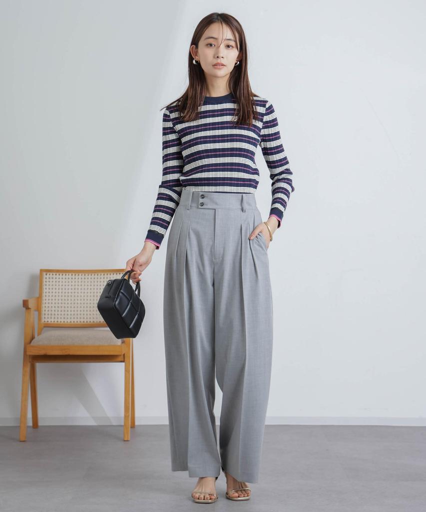 Nano Universe Random Rib Border Knit Top be paired with other Medium Navy (Can items)