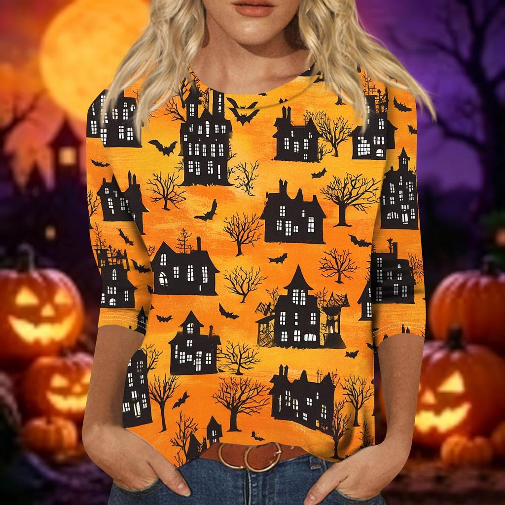Women's Casual Halloween Print Top Three Quarter Sleeve Round Neck Pullover Shirt Lightweight Comfortable Fit for Everyday Wear