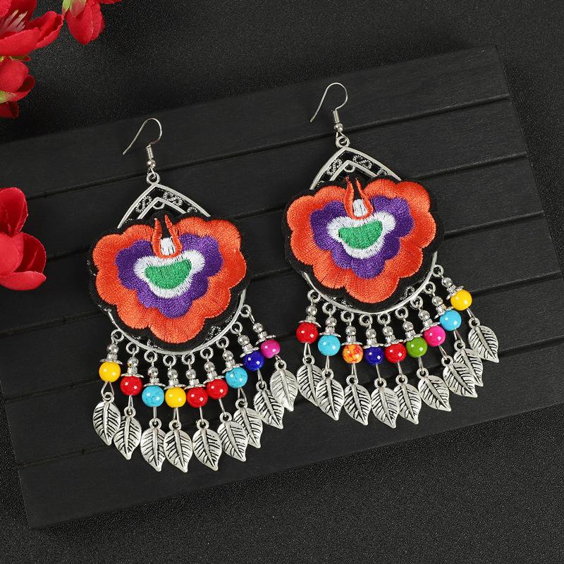 Yunnan Double-sided Embroidered Fabric Earrings, Long Leaf Tassel Personalized Earrings, Retro Miao Earrings for Women