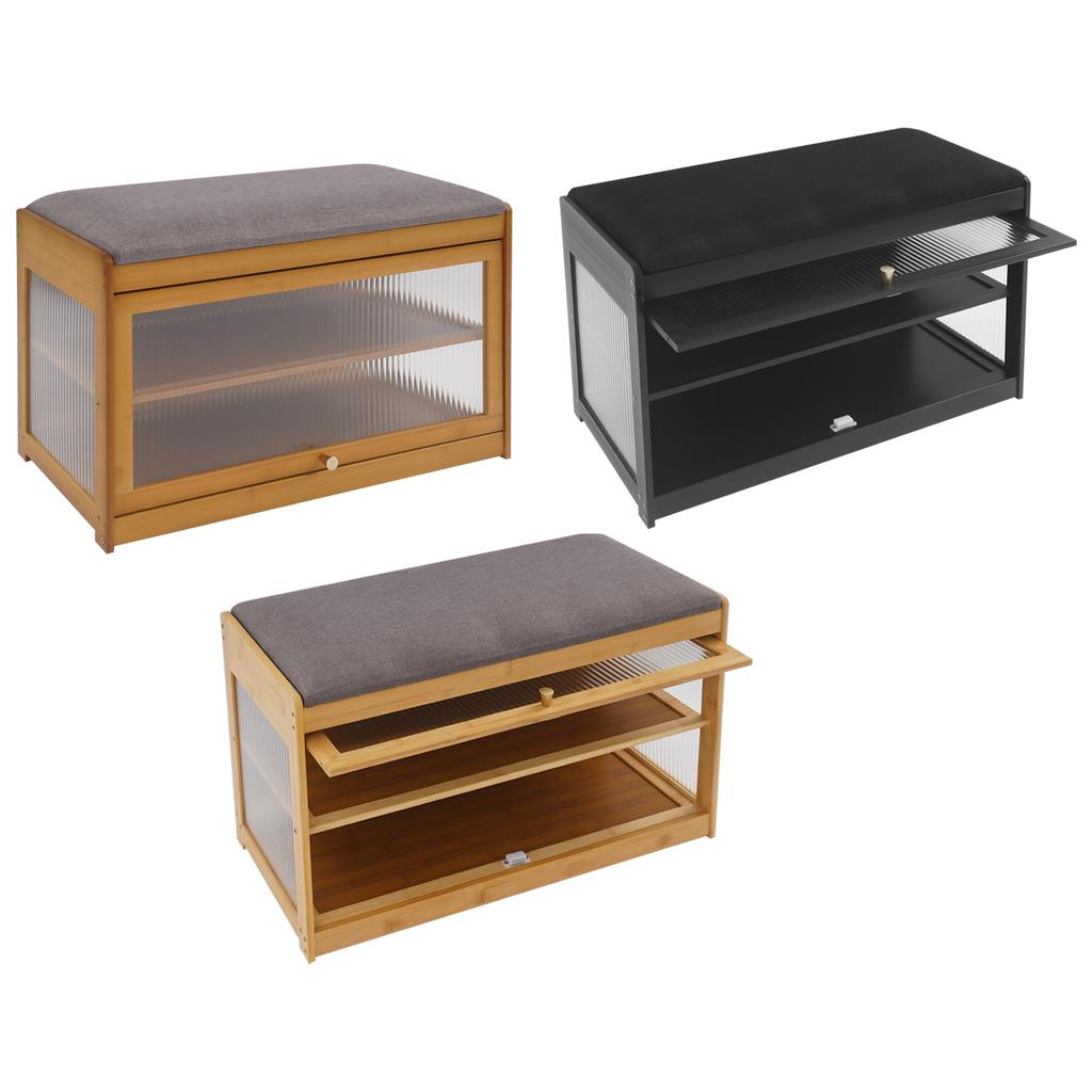 2-Tier Shoe Bench with Cushion, Sturdy Bamboo Shoe Storage Stool for Entryway, Hallway – Brown/Black/Log Color