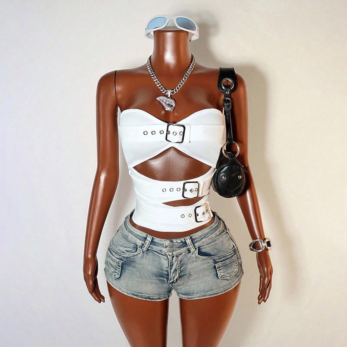 Trendy Street Chic Off-Shoulder Bandeau Bodycon Cut-Out Tank Top Extra Large белый