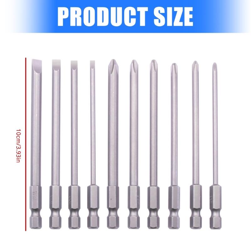 Pack Of 10 Precise Screwdriver Bit Set 100mm Length SL3.0/SL4.0/SL5.0/SL6.0 PH1/PH2 Suitable for Slotted & Crosshead Use