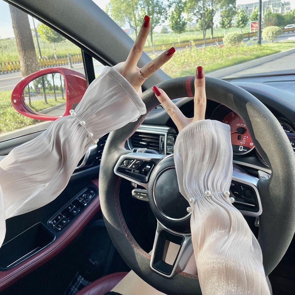 Lace Ice Silk Sleeves Gloves Pearl Driving Arm Sleeves Lightweight Summer Sunscrean Sleeves  Summer