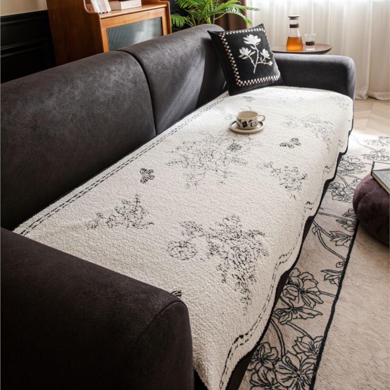 Non-Slip Couch Slipcover Protector Universal Irregularity Sofa Cushion European Style Retro  Black White Flowers Sofa Cover