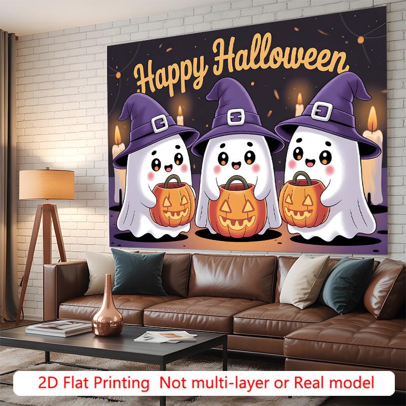 Party Backdrop Halloween Purple Flat Cute Ghosts Holding Pumpkins Witch Hats Event Backdrop Decoration Party Decor