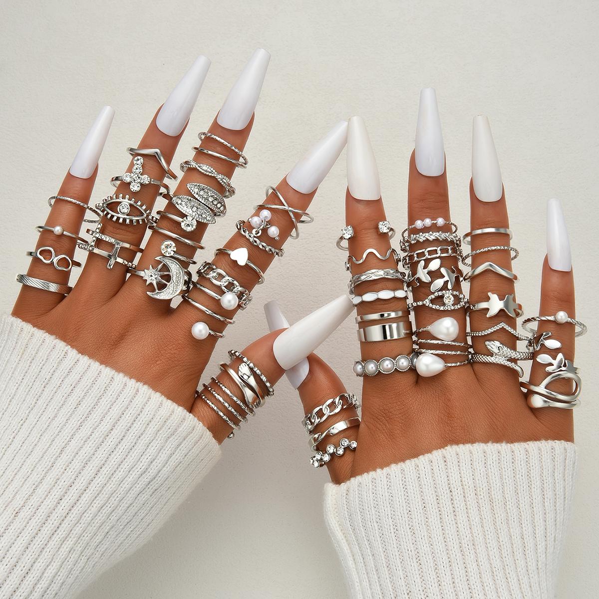 

45 Pcs Bohemian Geometric Knuckle Rings Set For Women Gold Silver Color Pearl Zircon Finger Ring Girls Fashion Party Jewelry New