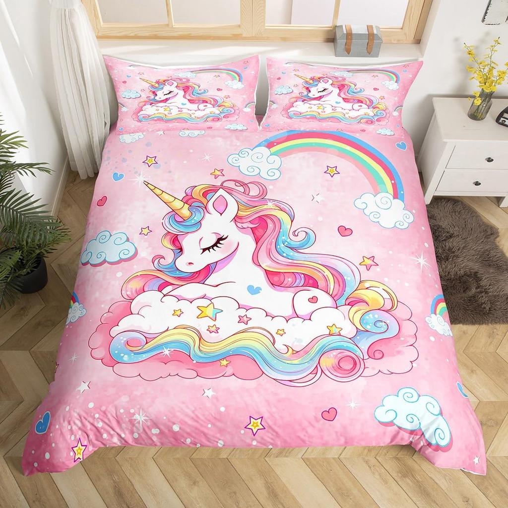 Unicorn Bedding Set Full QueenCartoon Rainbow Animal Comforter Cover Kids Girls Glitter Unicorn Duvet Cover Kawaii Quilt Cover