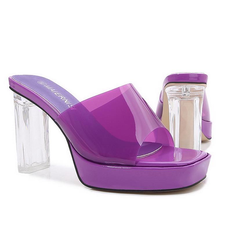 

Women Platform Crystal High Heel Sandals Squared Toe Slide Sandals Office Nightclub Party Catwalk Show Semi-Transparent Sandals 46 фіолетовий