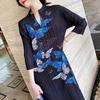 Spring and Autumn Women's Print Dress Plus Size Pleated Long dress Slim Design Sense High Stretch Long A-Line Dress