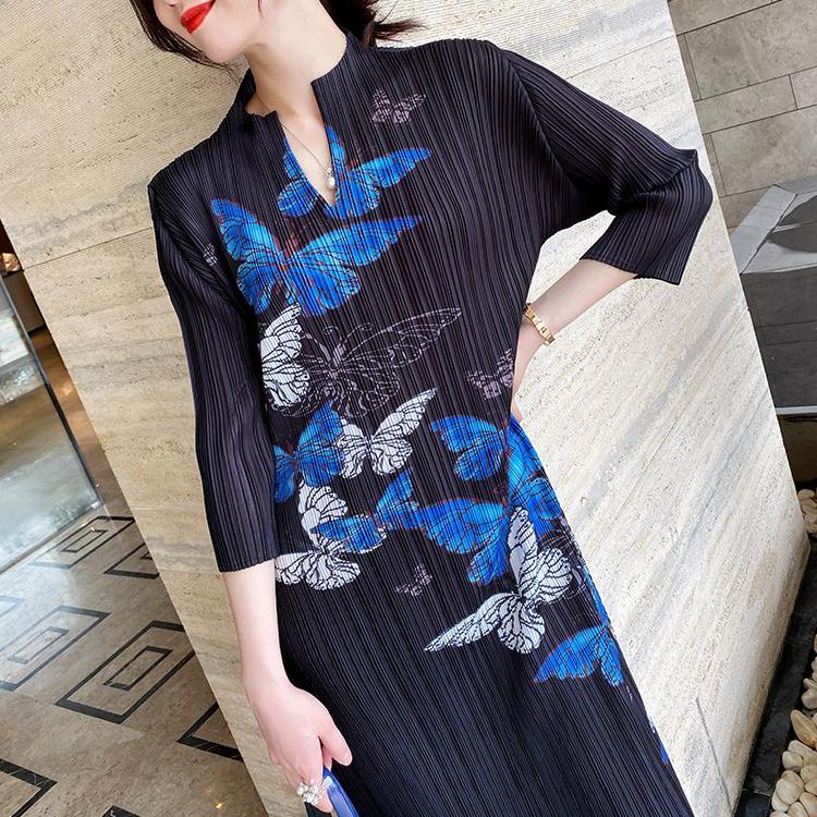 Spring and Autumn Women's Print Dress Plus Size Pleated Long dress Slim Design Sense High Stretch Long A-Line Dress
