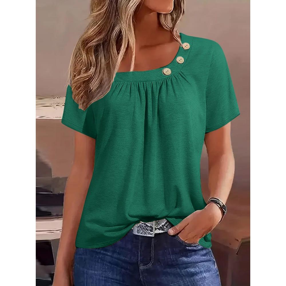 Fashionable Women's Short-sleeved Solid Color Three-button Top