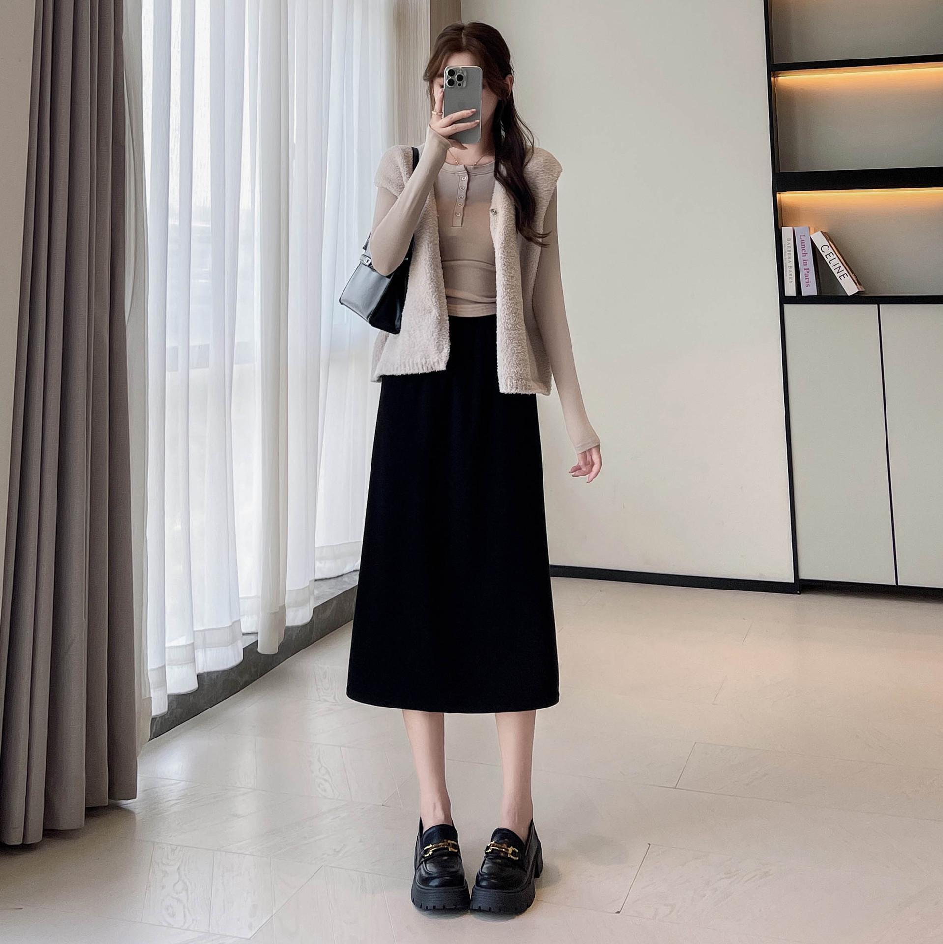 

H116 Women s High Waist A-Line Slit Knit Skirt - Spring/Autumn Slimming Hip-Hugging Mid-Length Skirt M fits 70-95 jin чёрный