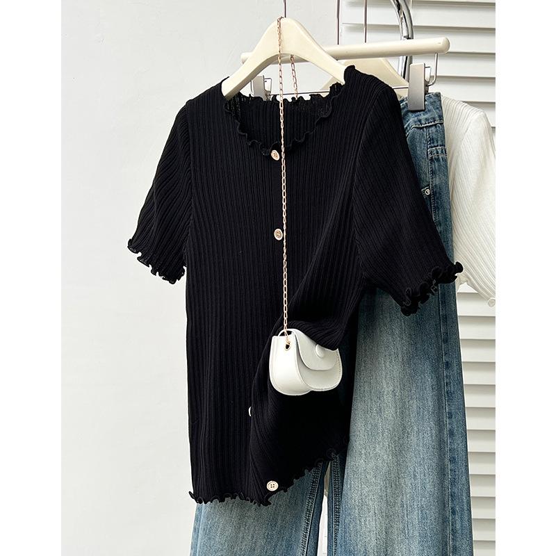 

Chic Plus Size Women s Ruffle Ice Silk Knit Short Sleeve Summer Top 3XL (82.5-100kg) чорний
