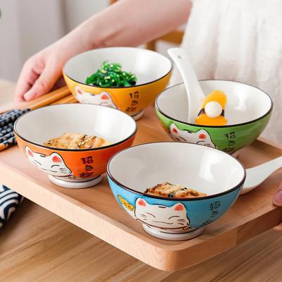 Ceramiczna Wysoka Miska Wielorozmiarowa Kolorowa Pomyślny Kot Miska na Zupę Miska na Sałatkę Podszkliwna Kuchnia Domowe Naczynia Stołowe Dzieci Para