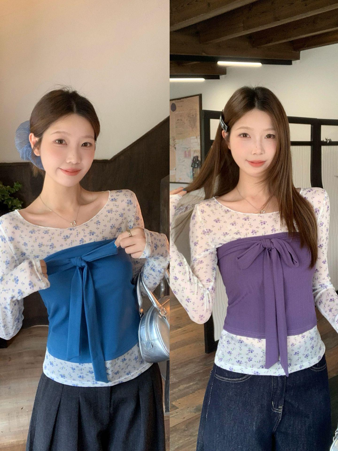 

Plus Size 2026 Floral Korean Style Long Sleeve Bow Tie Vest Set 3XL