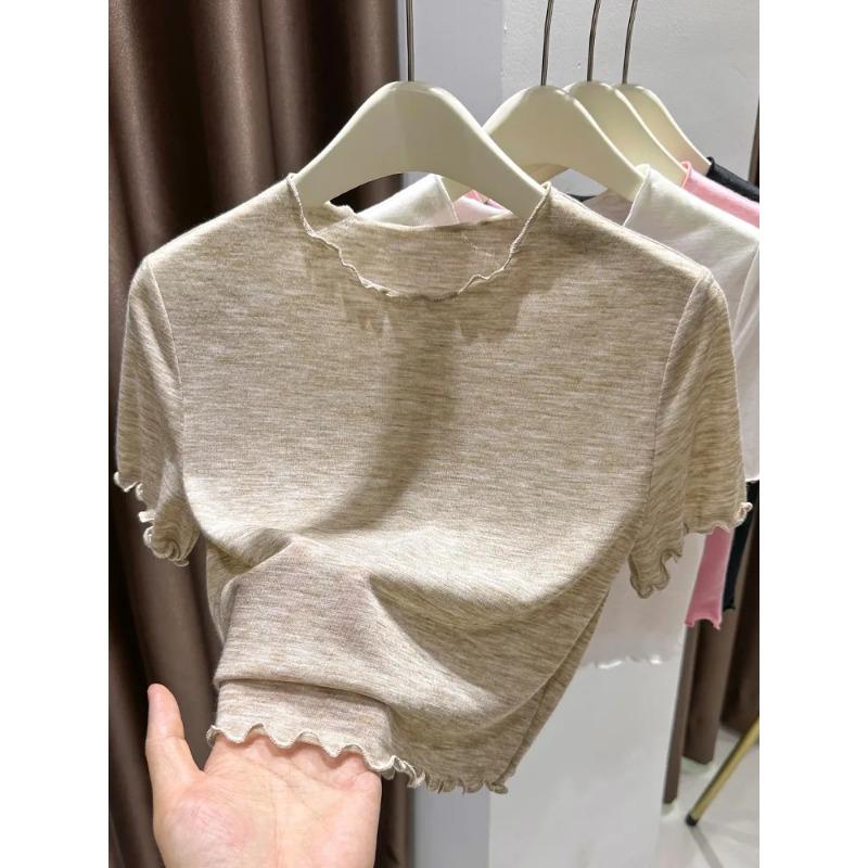 Women White Ruffle Cropped Slim Casual Short Sleeve T Shirt Top