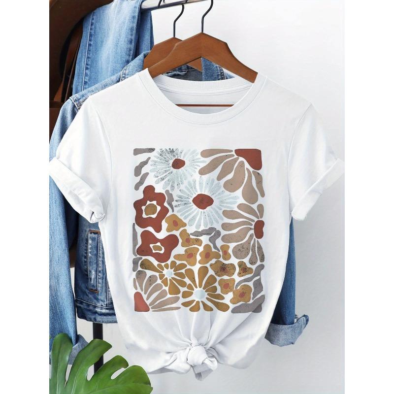 Womens Retro Floral Pattern Tee Round Neck Short Sleeve Casual Vintage Style Everyday Top