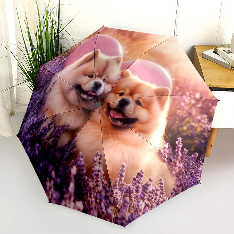 Chow Chow and Grass Pattern, Automatic Folding Umbrella, Portable and Foldable Design, 8 Ribs, a Christmas or Birthday Gift.