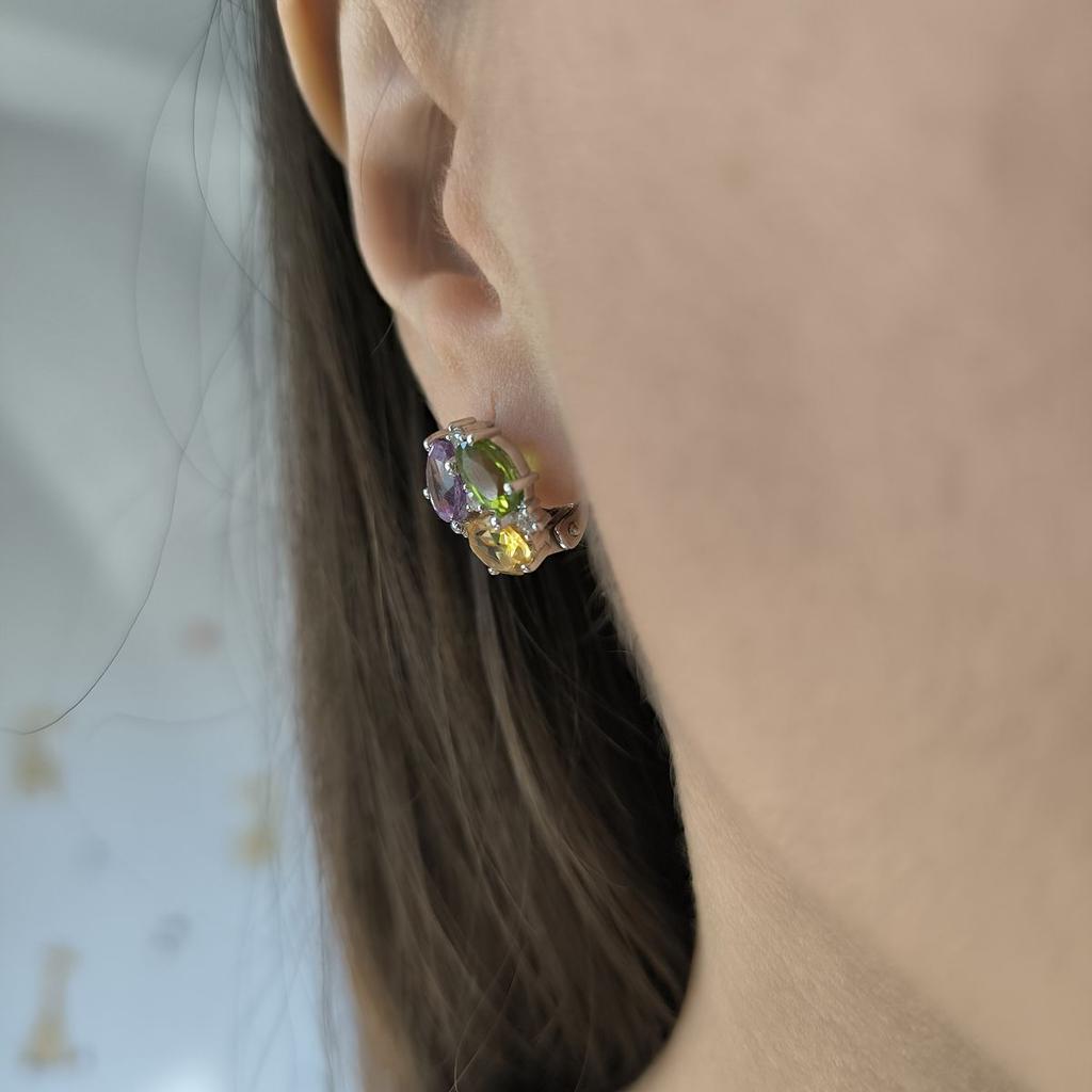 Серебряные серьги с натуральным аметистом 6.621ct, цитрином, хризолітом (2193289)