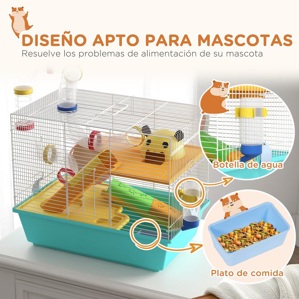 Hamster Cage with Tunnel, Platforms, Bowl, Water Bottle, House, Ramps and Exercise Wheel, 45x28x37 Cm, Light Blue