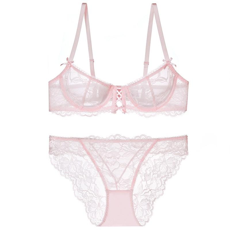 Lace Bra Set Women Lightweight Breathable 3/4 Cup Underwire-Free Push-Up Panty Large Bust