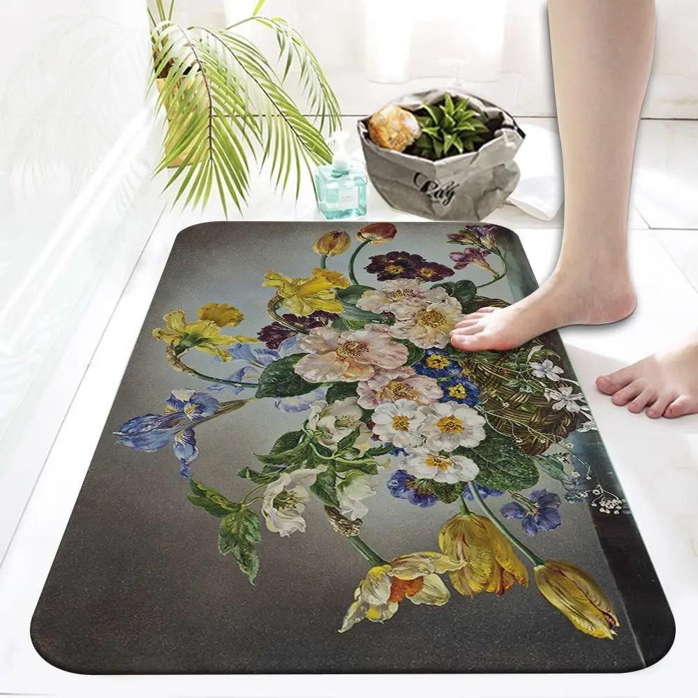 

Ретро цветочная масляная живопись напечатанный коврик противоскользящий абсорбирующий коврик для ванной туалета входной двери домашнее украшение для спальни 40x60cm