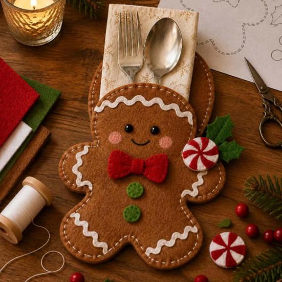 Christmas Cutlery Holder Felt DIY Kit, Holiday Flatware Pouch Craft Set, Handmade Utensil Sleeve for Dinner Table, Xmas Party