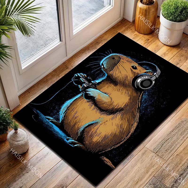 1PC Capybara gaming with headphones Carpet for Living Room Bedroom Sofa Home Decor Rus Non-slip Floor Mat Luxury Gift