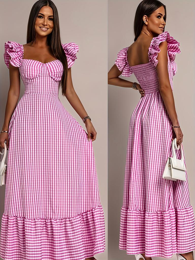 Women's Retro French Plaid Short-sleeved Dress with Ruffle Edge, Waist and Thin Dress