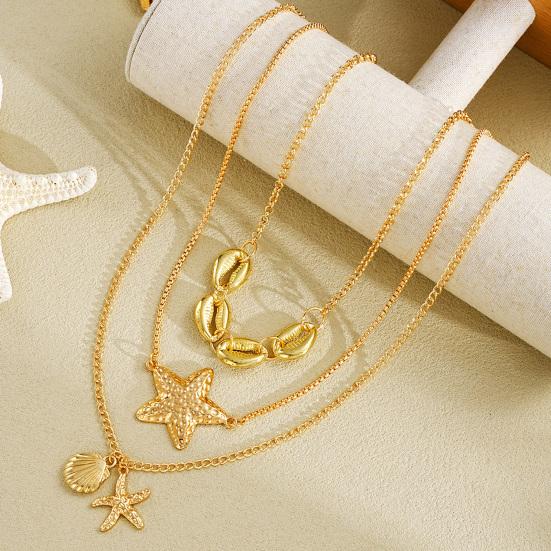 Seashell Starfish Pendant Necklace Coastal Style Layered Necklace Three Chains Necklace for Women Summer Beach Vacation Holiday Jewelry