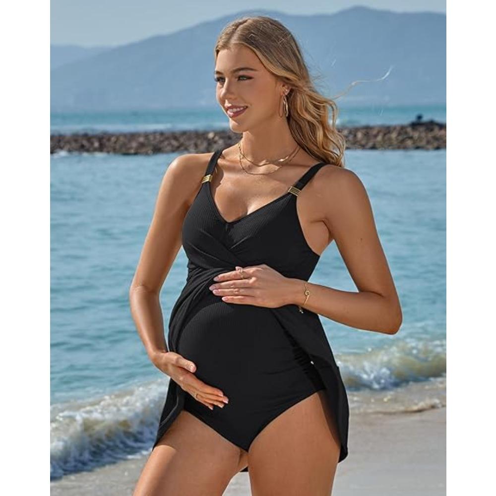 CHARMLEAKS Women Maternity Swimsuit Ribbed Pregnancy Swimwear Front Cross Supportive Swim Dress Cute Bathing Suit