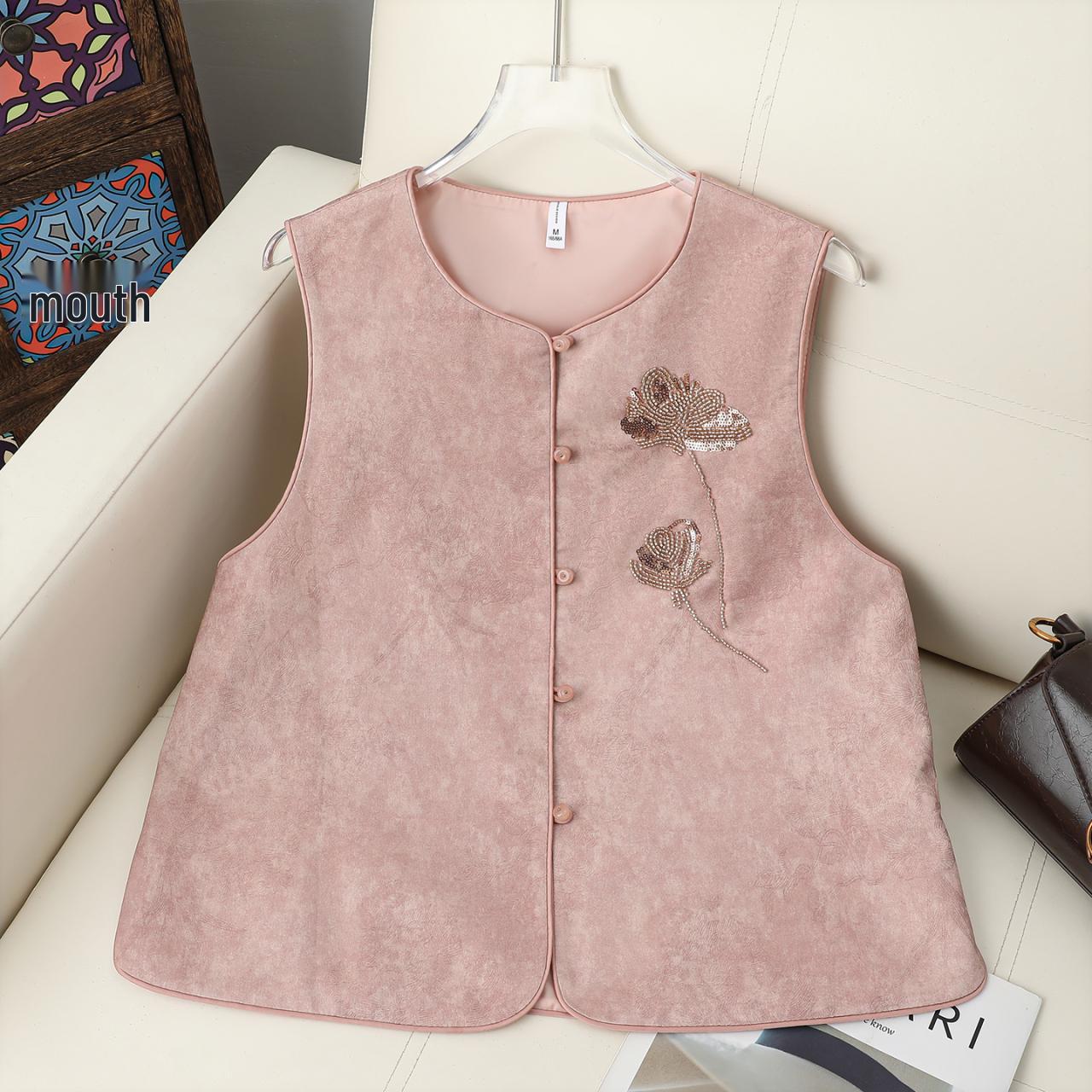

2026 Spring-Autumn Women s Embroidered Sequin Cape Vest: Round Neck Sleeveless Outerwear for Middle-Aged and Elderly 2XL (105-120) розовый