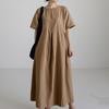 Summer Cotton Linen Dress for Women Short Sleeve Crew Neck A-linen Swing Dress Casual Loose Flowy Beach Sundress with Pockets